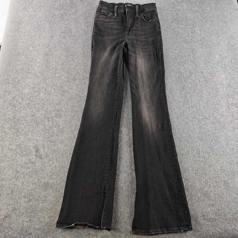 Good American Good Legs Flare Jeans Womens 2/26 Black Cashmere Blend Split Hem